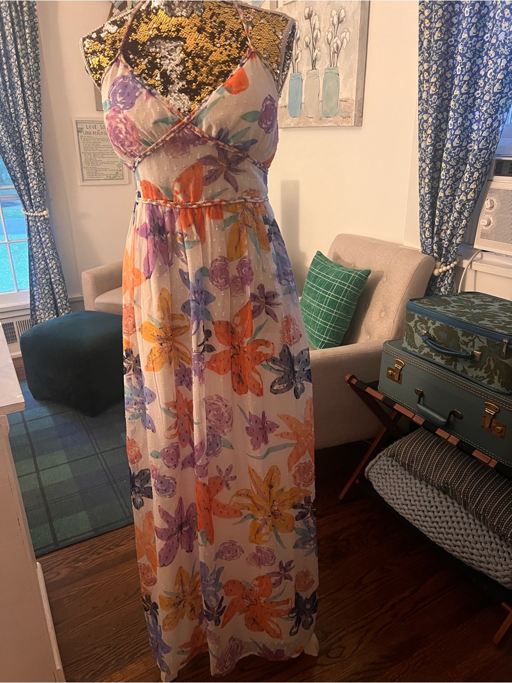Jessica Simpson White Floral Halter Maxi Dress with Orange & Purple Blooms